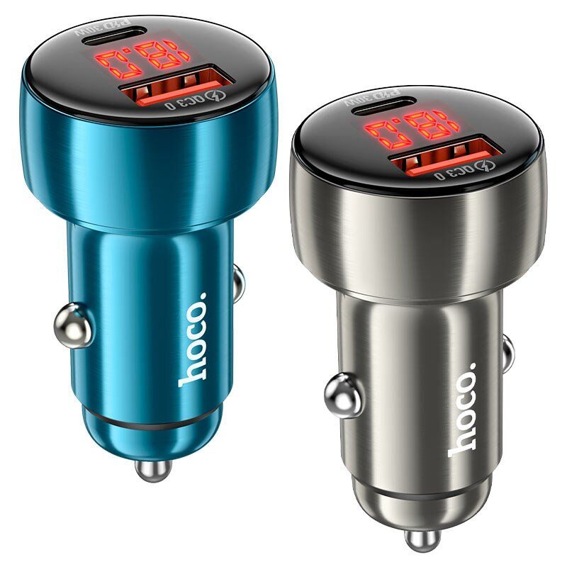 Автомобільний зарядний пристрій HOCO Z50 Leader 48W PD + QC3.0 з цифровим дисплеєм, сірий (metal gray)