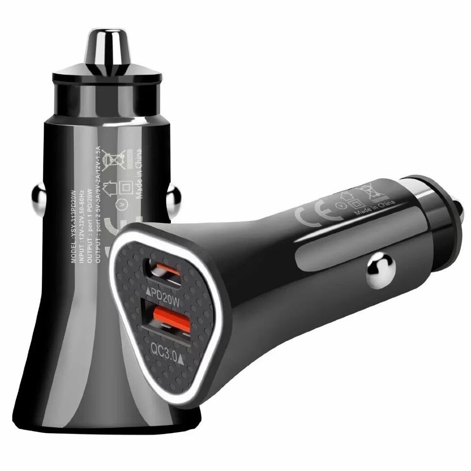 Автомобільний зарядний пристрій MEGA TRIANGLE 1 USB QC 3.0 + 1 TYPE-C PD 38W без упаковки