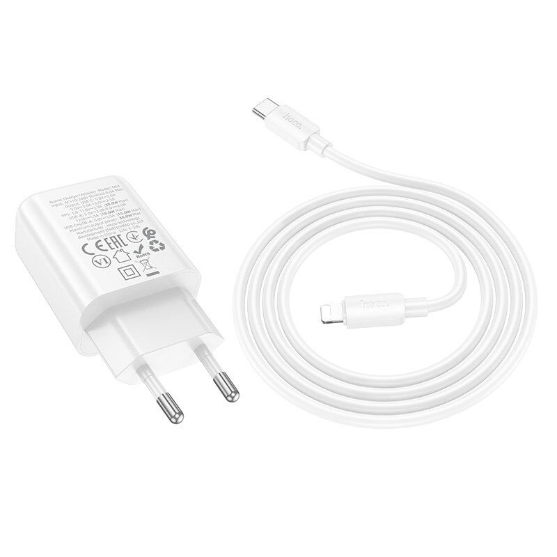 Мережевий зарядний пристрій HOCO N63 Type-C PD 30W / USB QC 3.0 + кабель Type-C  -  Lightning, білий