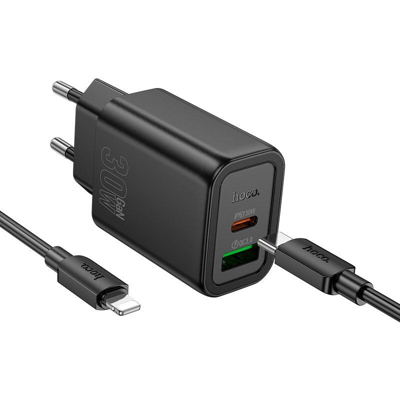 Мережевий зарядний пристрій HOCO N63 TYPE-C PD 30W / USB QC 3.0 + КАБЕЛЬ TYPE-C - LIGHTNING, чорний