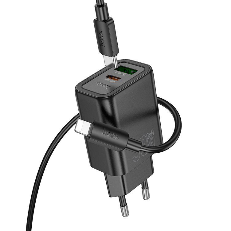 Мережевий зарядний пристрій HOCO N63 TYPE-C PD 30W / USB QC 3.0 + КАБЕЛЬ TYPE-C - LIGHTNING, чорний