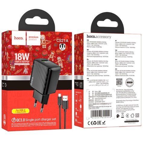 Мережевий зарядний пристрій HOCO CS21A USB QC 3.0 + КАБЕЛЬ USB - TYPE-C, чорний