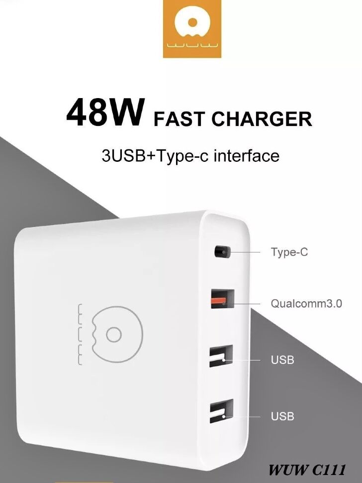 Мережевий зарядний пристрій WUW C111 PD 3 USB + 1 TYPE-C PORTS 48W БІЛИЙ