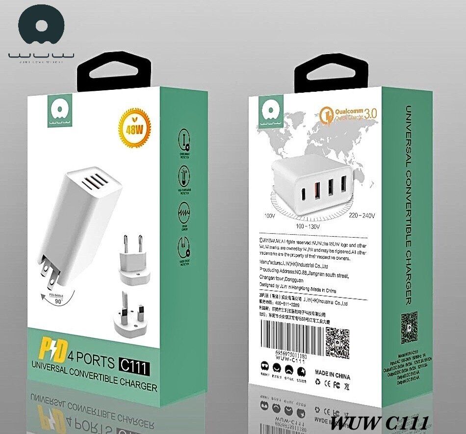 Мережевий зарядний пристрій WUW C111 PD 3 USB + 1 TYPE-C PORTS 48W БІЛИЙ