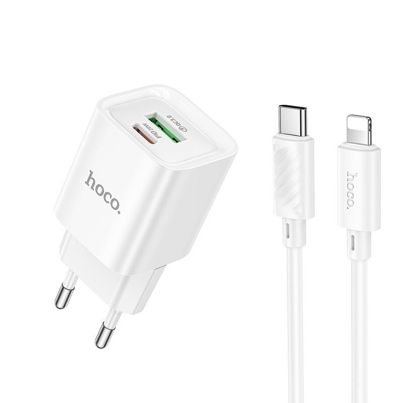 Мережевий зарядний пристрій HOCO C147A TYPE-C PD 20W / USB QC3.0 + кабель TYPE-C - LIGHTNING, БІЛИЙ