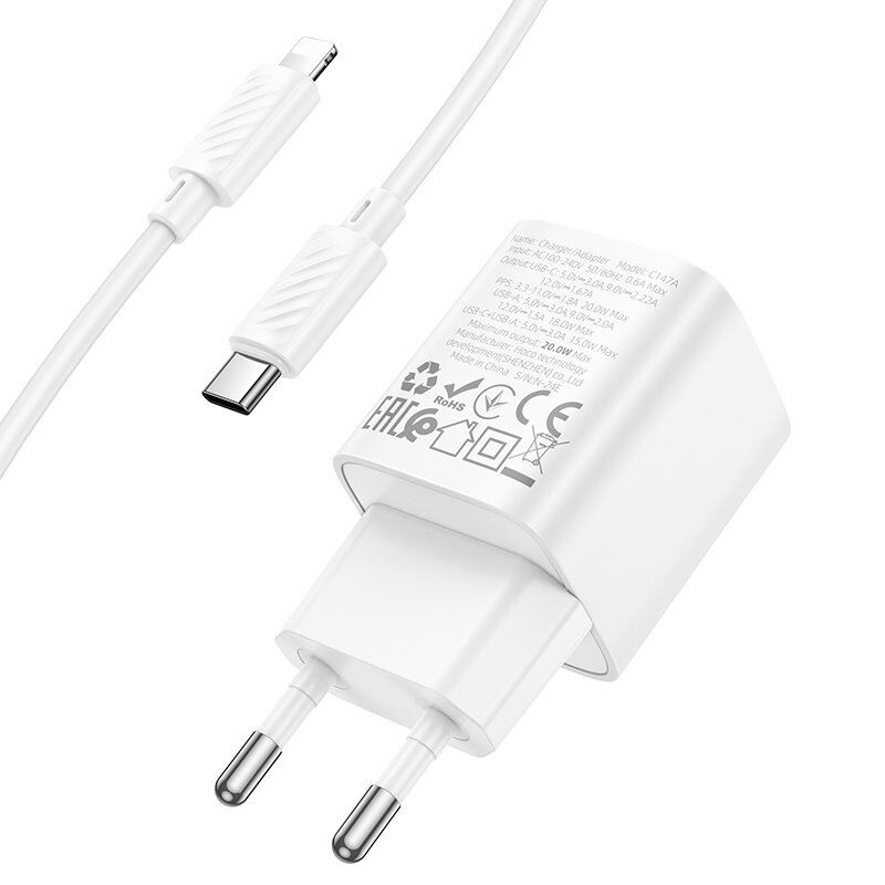 Мережевий зарядний пристрій HOCO C147A TYPE-C PD 20W / USB QC3.0 + кабель TYPE-C - LIGHTNING, БІЛИЙ