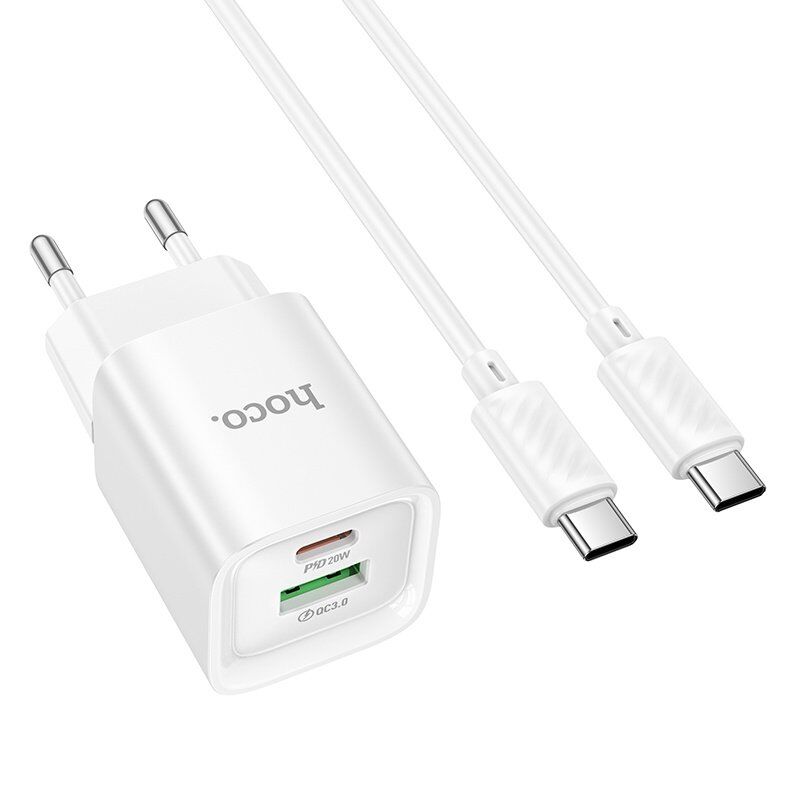 Мережевий зарядний пристрій HOCO C147A TYPE-C PD 20W / USB QC3.0 + кабель TYPE-C - TYPE-C, БІЛИЙ