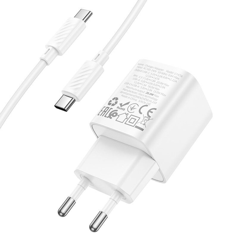 Мережевий зарядний пристрій HOCO C147A TYPE-C PD 20W / USB QC3.0 + кабель TYPE-C - TYPE-C, БІЛИЙ