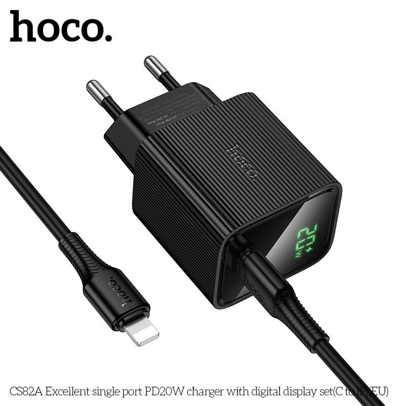 Мережевий зарядний пристрій HOCO CS82A Excellent PD20W з цифровим дисплеєм + кабель TYPE-C - LIGHTNING, чорний