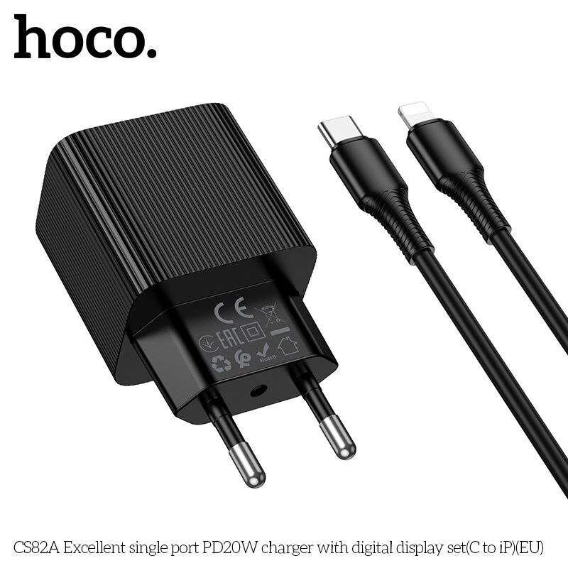 Мережевий зарядний пристрій HOCO CS82A Excellent PD20W з цифровим дисплеєм + кабель TYPE-C - LIGHTNING, чорний