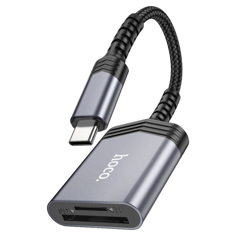 OTG картрідер HOCO UA25 2в1 Type-C (штекер)  -  SD / TF (гнізда), 19 см, сірий
