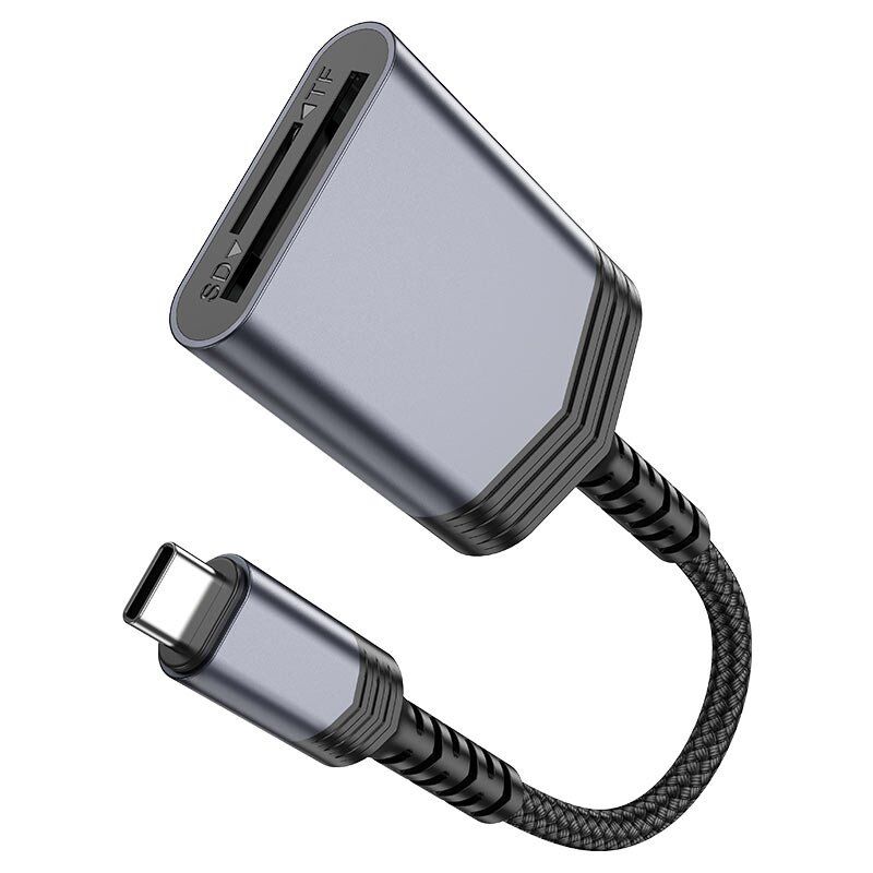 OTG картрідер HOCO UA25 2в1 Type-C (штекер)  -  SD / TF (гнізда), 19 см, сірий
