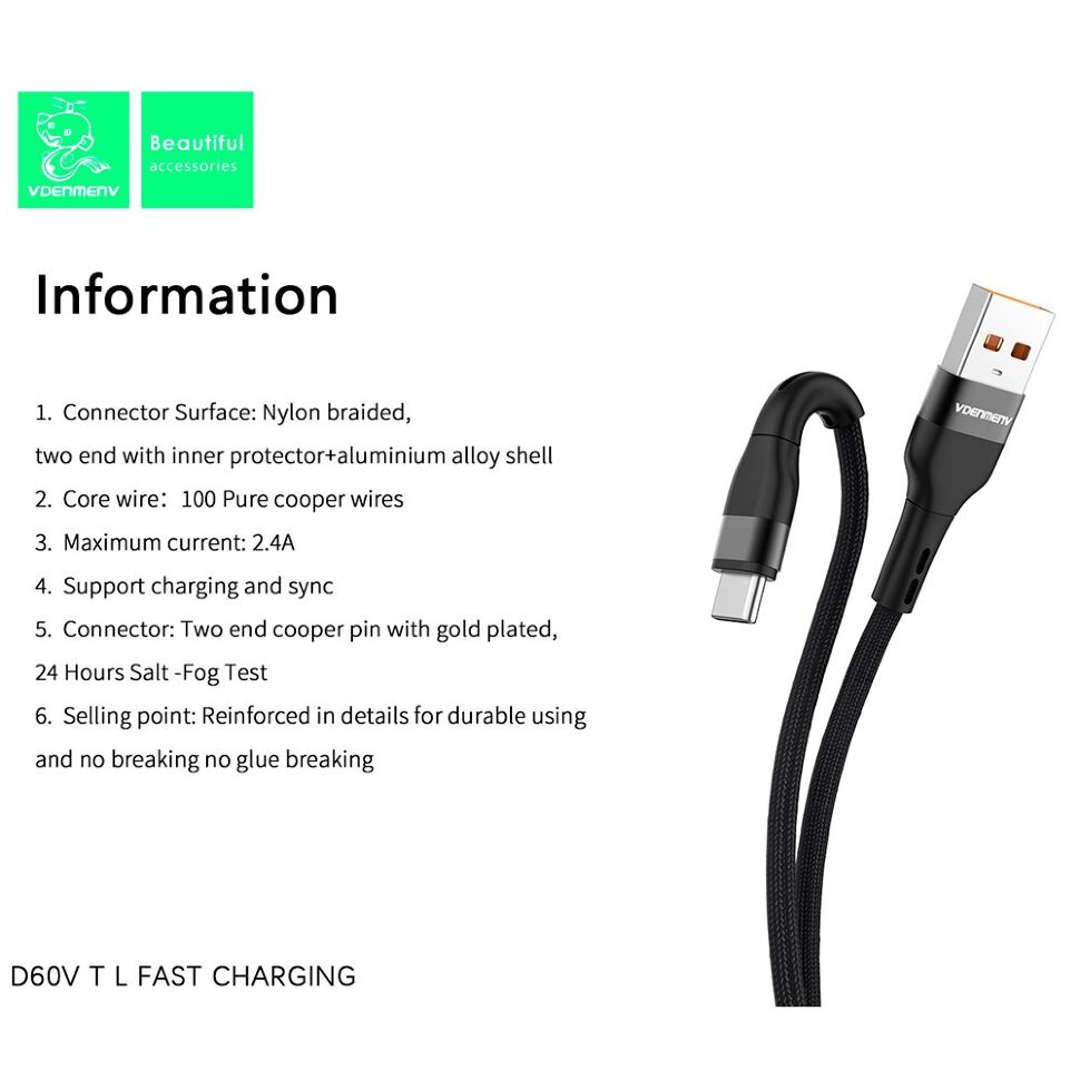 Кабель USB Denmen D60T USB - Type-C (2.4A)