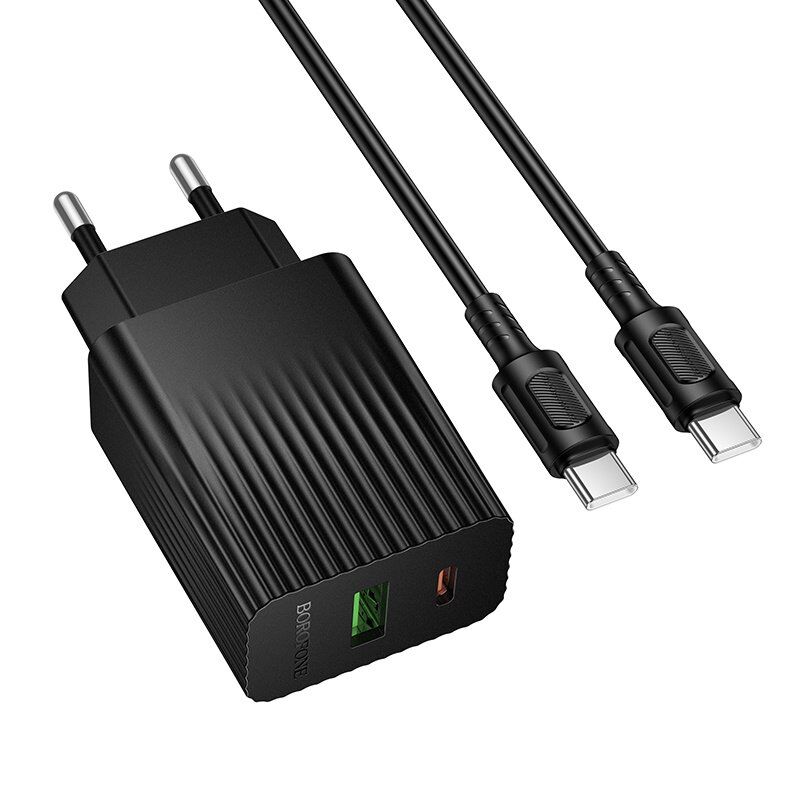 Мережевий зарядний пристрій BOROFONE BAS74A TYPE-C PD 20W / USB QC3.0 + кабель TYPE-C - TYPE-C, чорний