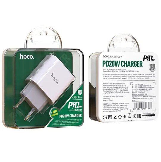 Мережевий зарядний пристрій HOCO C76A PLUS TYPE-C PD 20W, білий