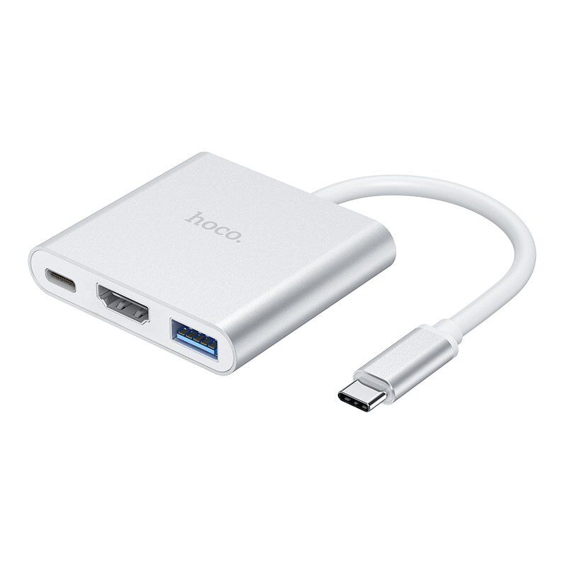 Адаптер-концентратор HOCO HB14 Easy Use Type-C - USB3.0 + HDMI + PD, алюминиевый корпус (серый)