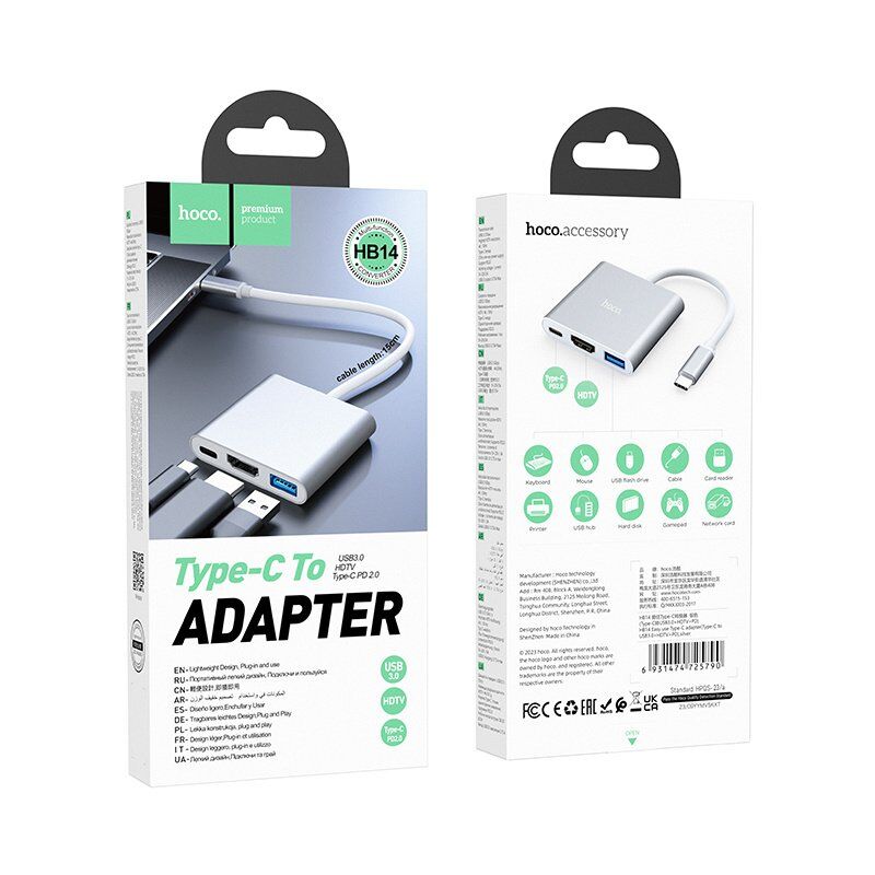 Адаптер-концентратор HOCO HB14 Easy Use Type-C - USB3.0 + HDMI + PD, алюминиевый корпус (серый)