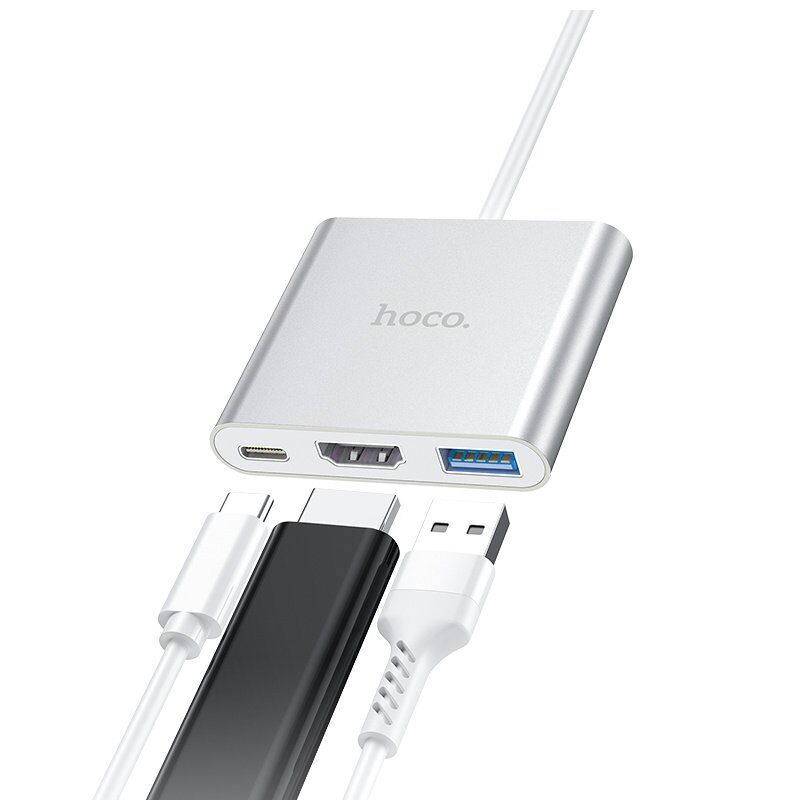 Адаптер-концентратор HOCO HB14 Easy Use Type-C - USB3.0 + HDMI + PD, алюминиевый корпус (серый)