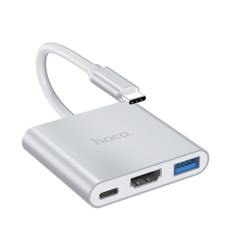 Адаптер-концентратор HOCO HB14 Easy Use Type-C - USB3.0 + HDMI + PD, алюминиевый корпус (серый)