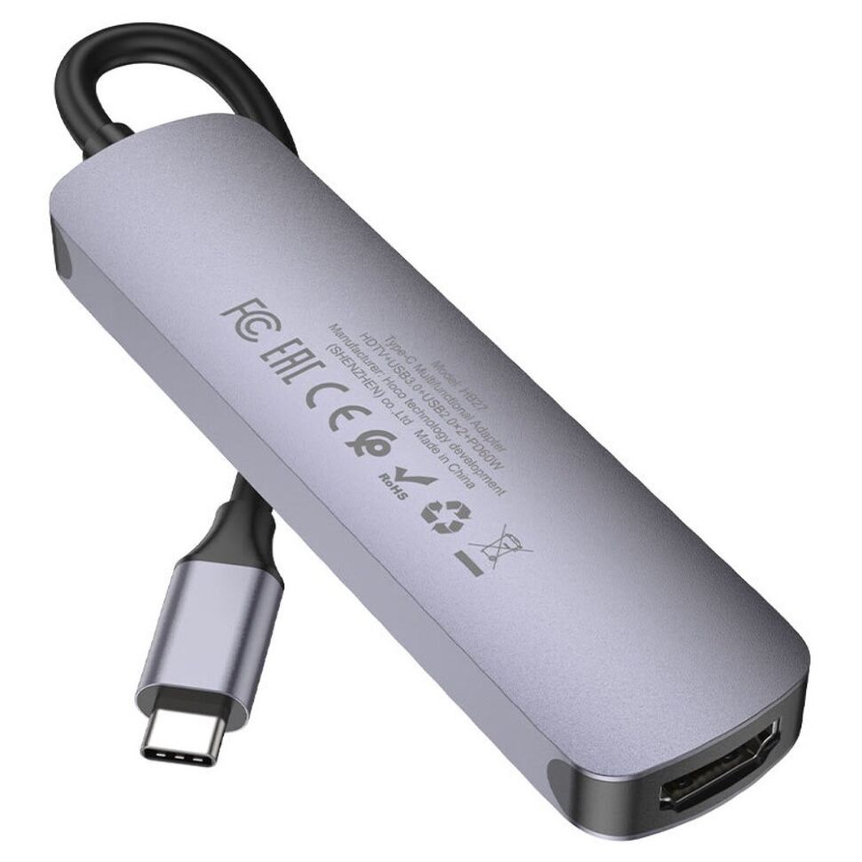 Адаптер-концентратор HOCO HB27 Type-C - USB 3.0 + 2×USB 2.0 + HDMI (HDTV) + PD, металік-сірий