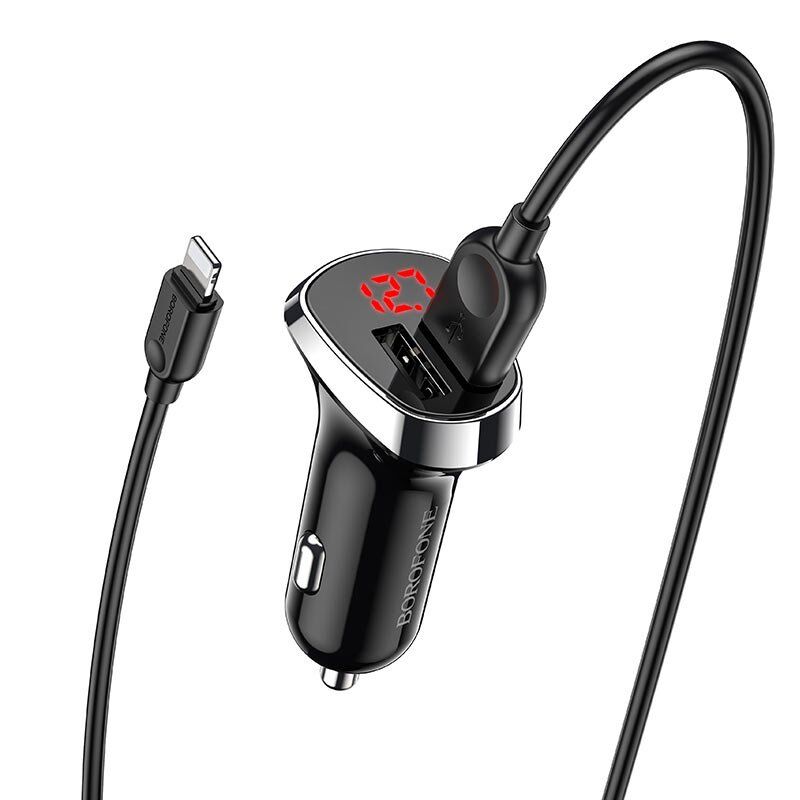 Автомобільний зарядний пристрій BOROFONE BZ15 Auspicious dual port digital display + USB кабель LIGHTNING