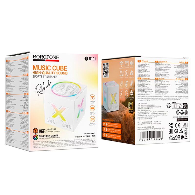 Бездротова колонка BOROFONE BR101 Rubik Bluetooth 5.4, 5 Вт, RGB-підсвічування, біла
