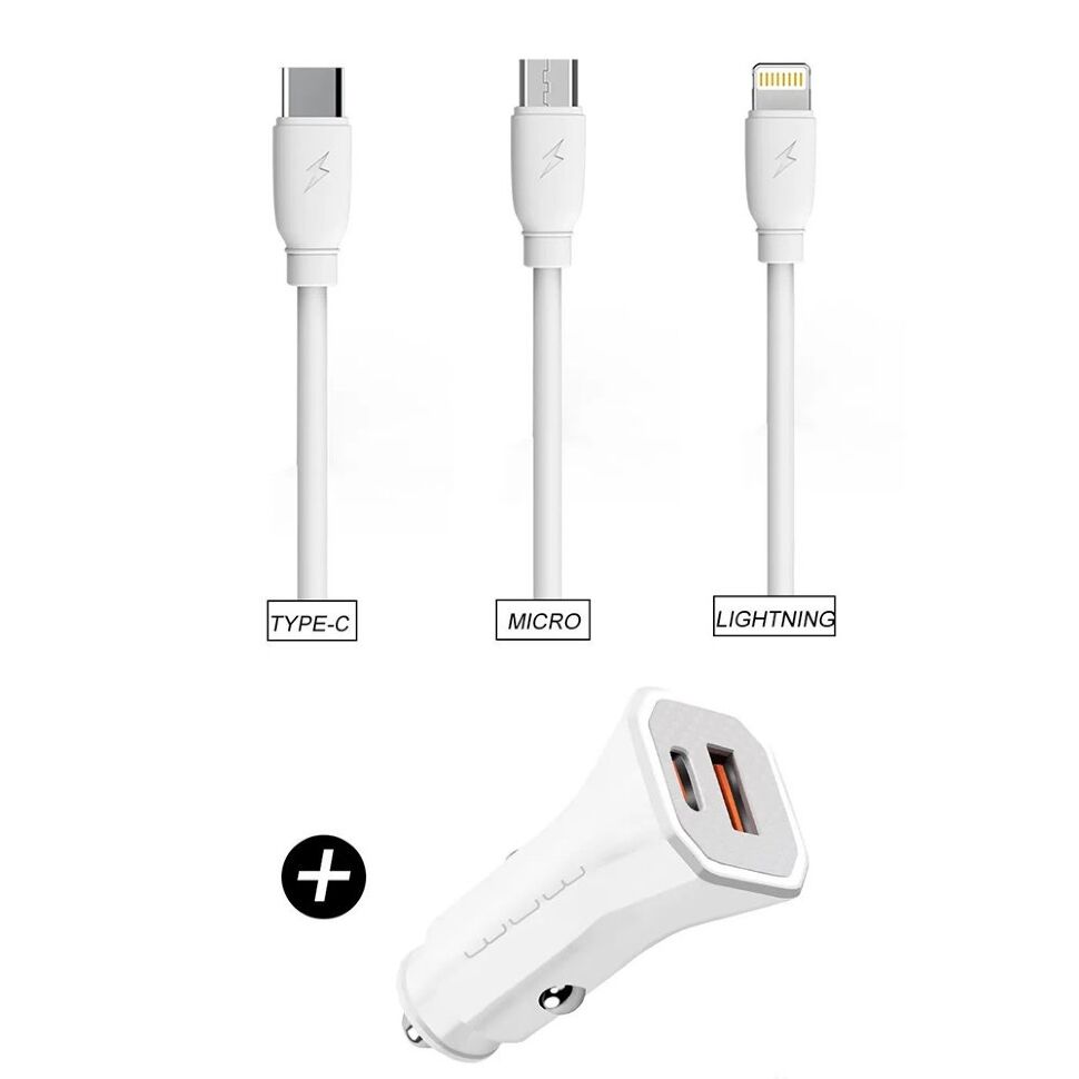 Автомобільний зарядний пристрій WUW T54 USB + TYPE-C 2.4A + кабель USB Micro-USB (20)