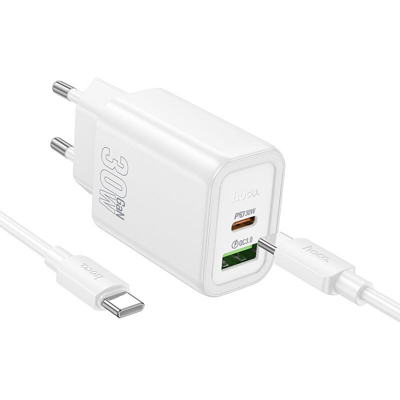 Мережевий зарядний пристрій HOCO N63 TYPE-C PD 30W + USB QC 3.0 + КАБЕЛЬ TYPE-C - TYPE-C, білий
