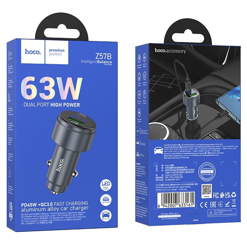 Автомобільний зарядний пристрій HOCO Z57B 63W TYPE-C + USB QC3.0, сірий