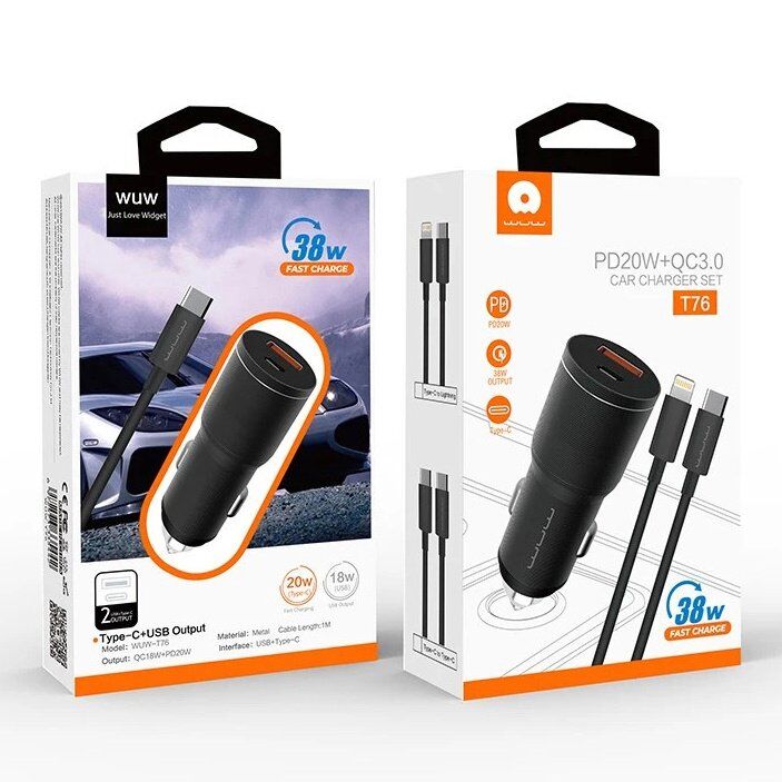 Автомобільний зарядний пристрій WUW T76 1 USB + 1 TYPE-C 38W + кабель TYPE-C - Lightning