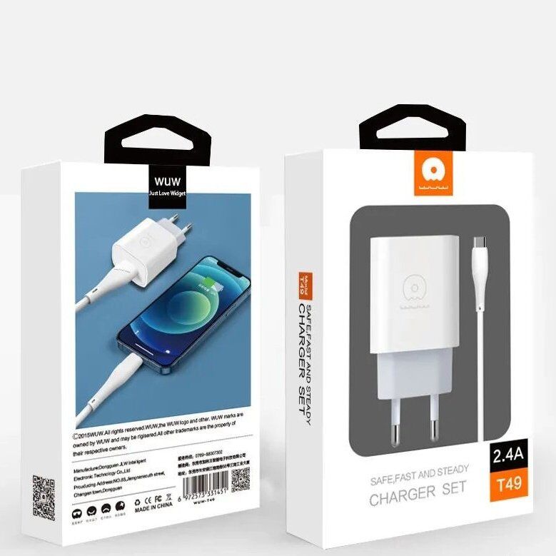 Мережевий зарядний пристрій WUW T49 2.4A + USB Lightning БІЛИЙ (42)