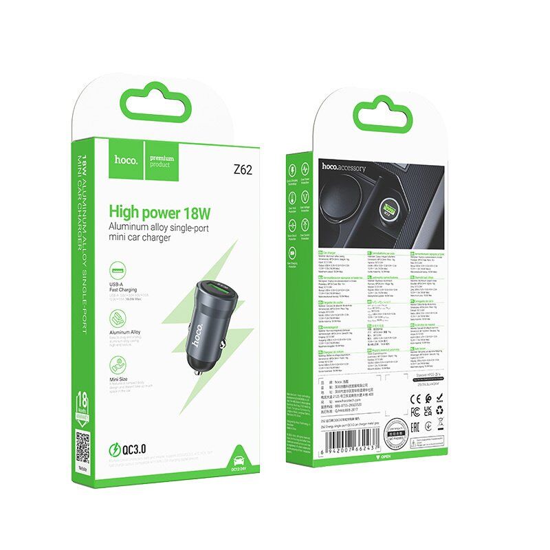 Автомобильное зарядное устройство HOCO Z62 18W USB QC3.0, серый